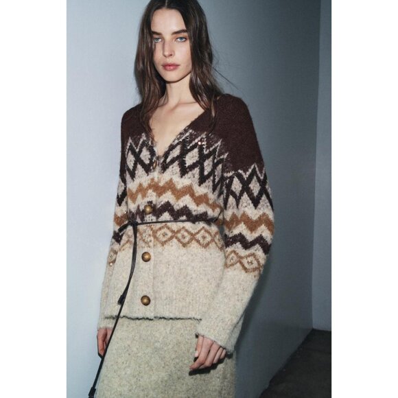 ZARA SEQUINED JACQUARD KNIT CARDIGAN WITH BELT - Picture 1 of 8